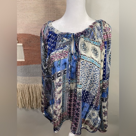 Anthropologie By Together Blue Patchwork Gold Stitches Peasant Bobo Blouse ML/XL - Picture 2 of 9